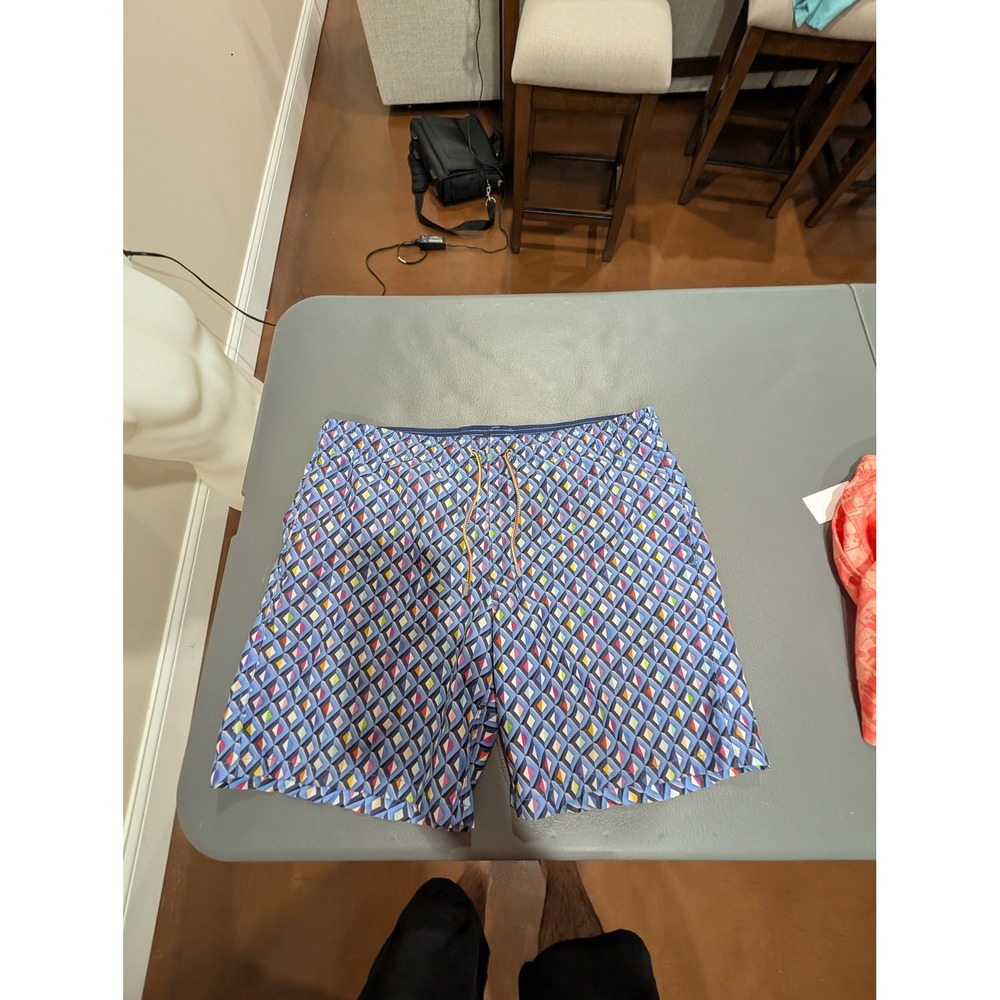 Bugatchi Mens Blue Geometric Diamond Print Swim Trunks Mesh Lined Shorts Large - Picture 2 of 4